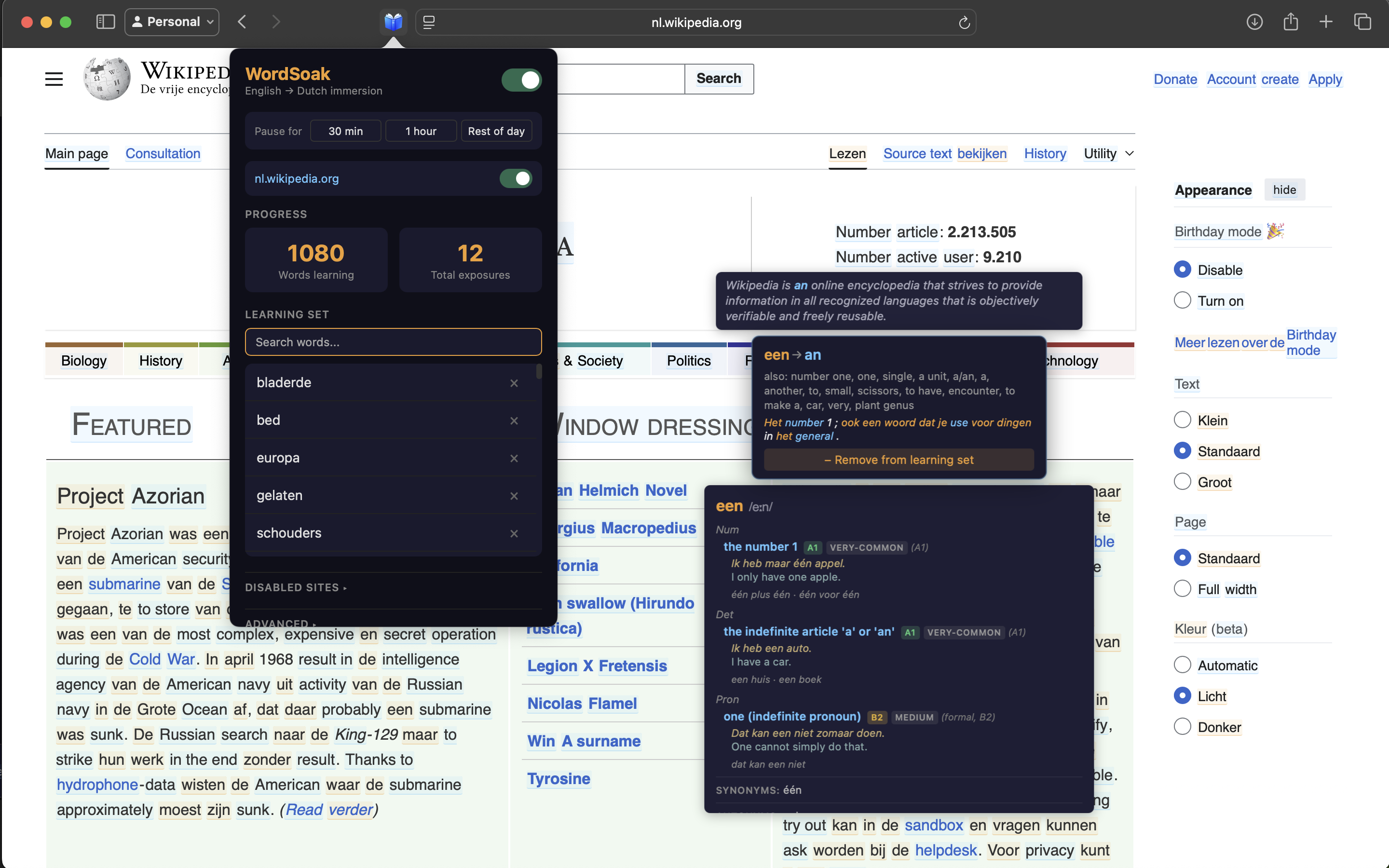 WordSoak running on Dutch Wikipedia, showing the popup with learning set and word details
