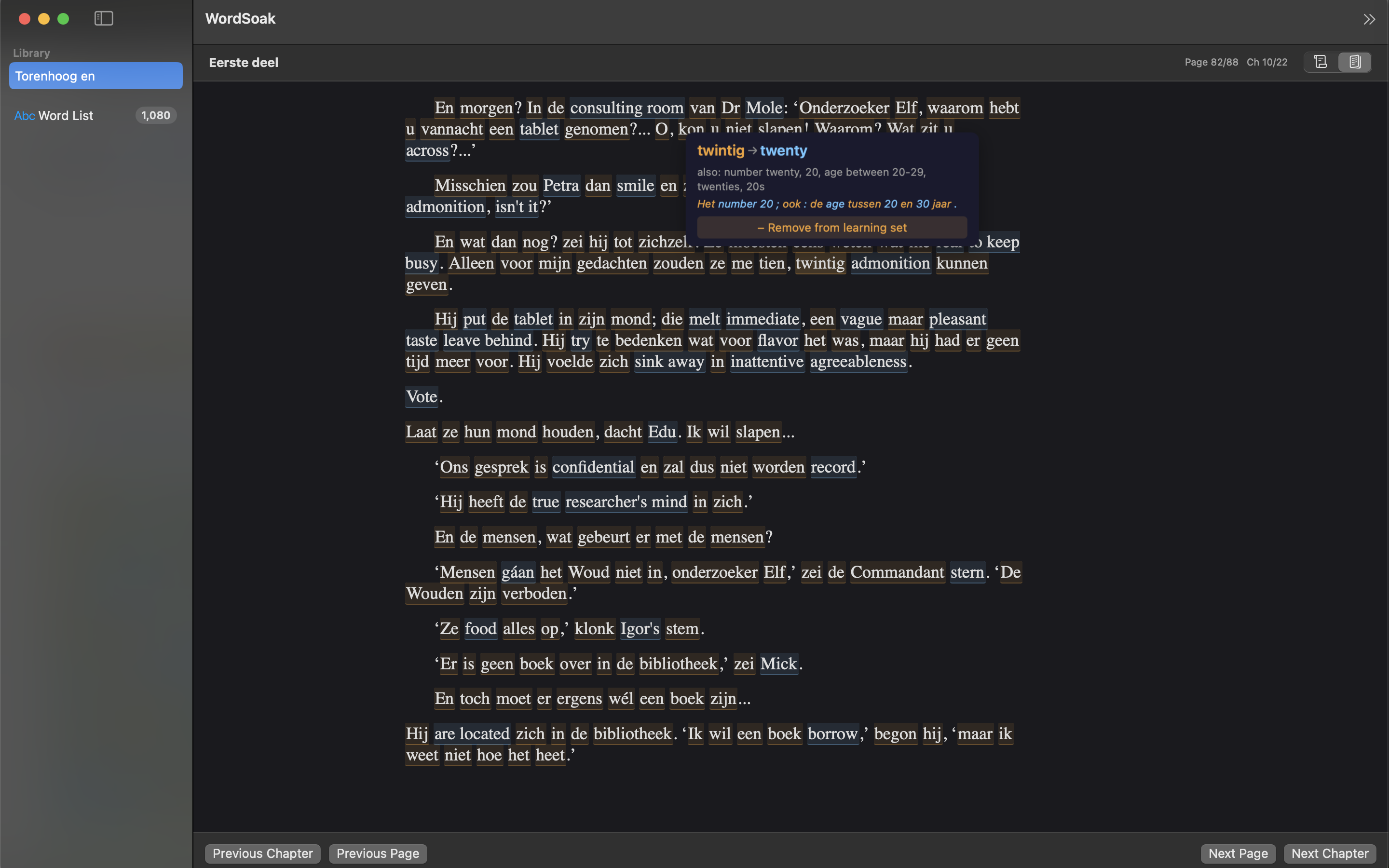 WordSoak ePub reader with Dutch book text and word tooltips